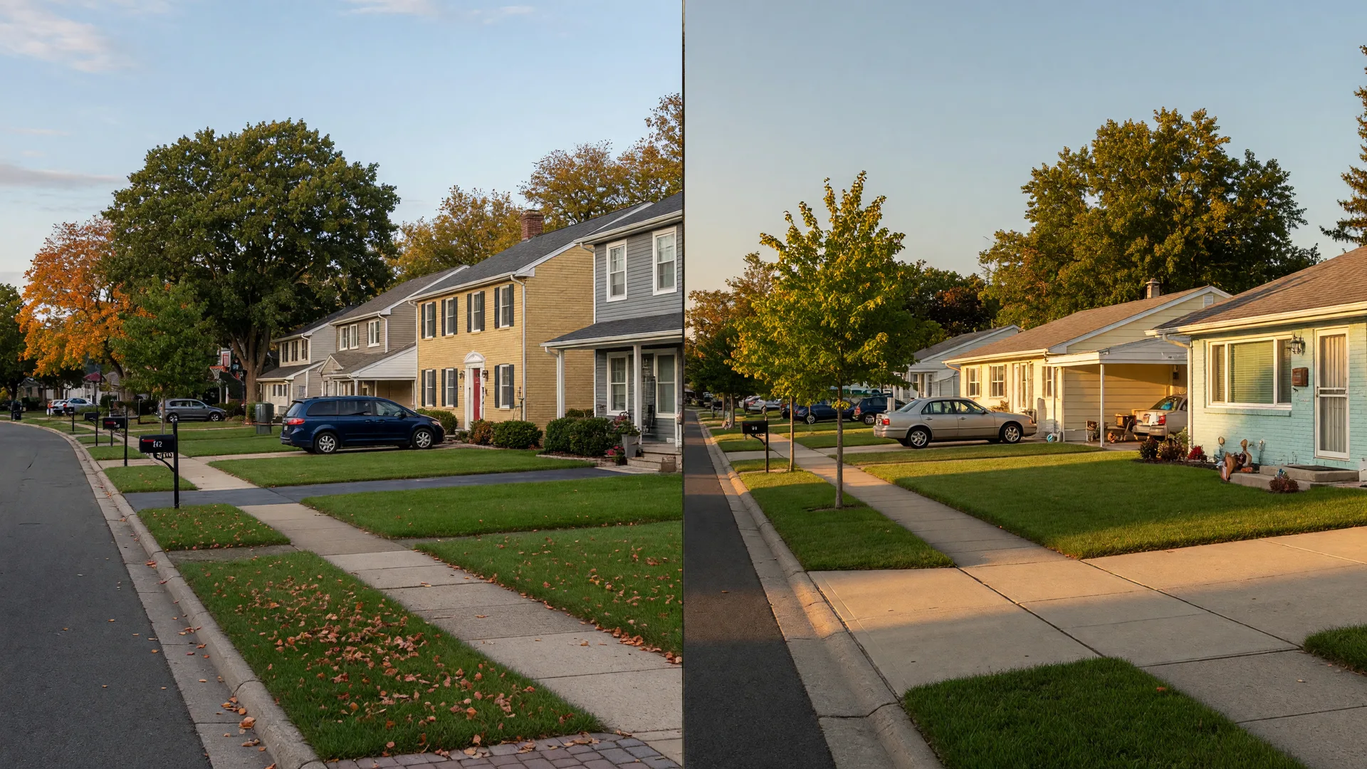 Split-screen comparison of a well-established Burlington Township colonial neighborhood and a mid-century Levittown street in Willingboro