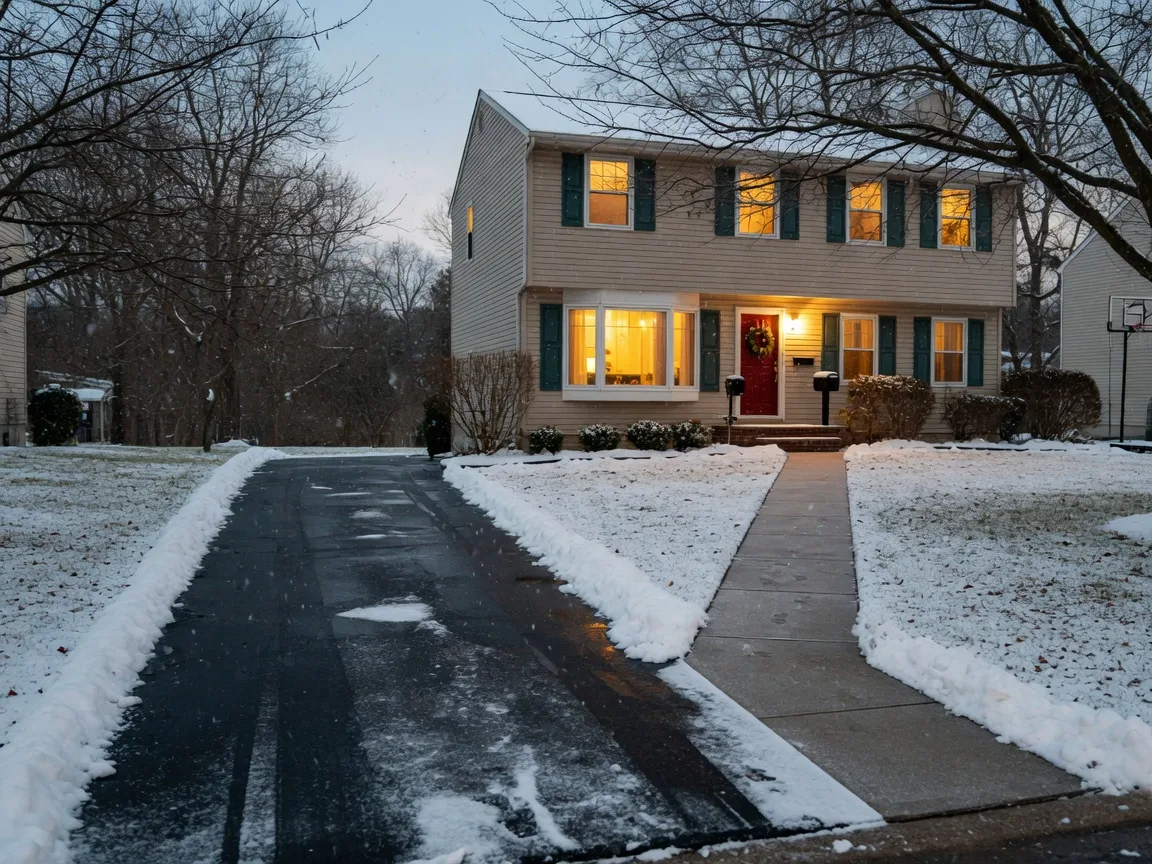 A shoveled path leading from a suburban driveway to a front door during light winter snowfall with warm light glowing from the house