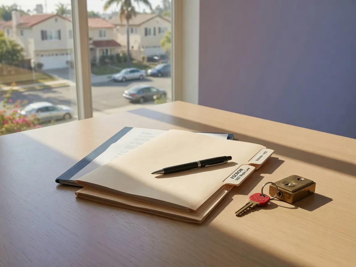 Two folders of legal documents, a pen, and a house key on a desk beside a window