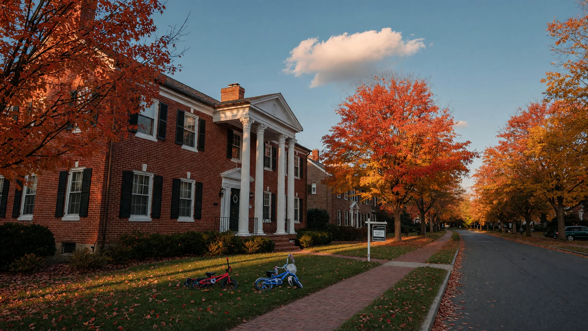 Red brick colonial home with a white-columned portico on a tree-lined street in Fairfax County, Virginia on a late-October afternoon, red and gold maples over the lawn, a discreet real estate sign near the front walk, and warm low sun raking across the facade