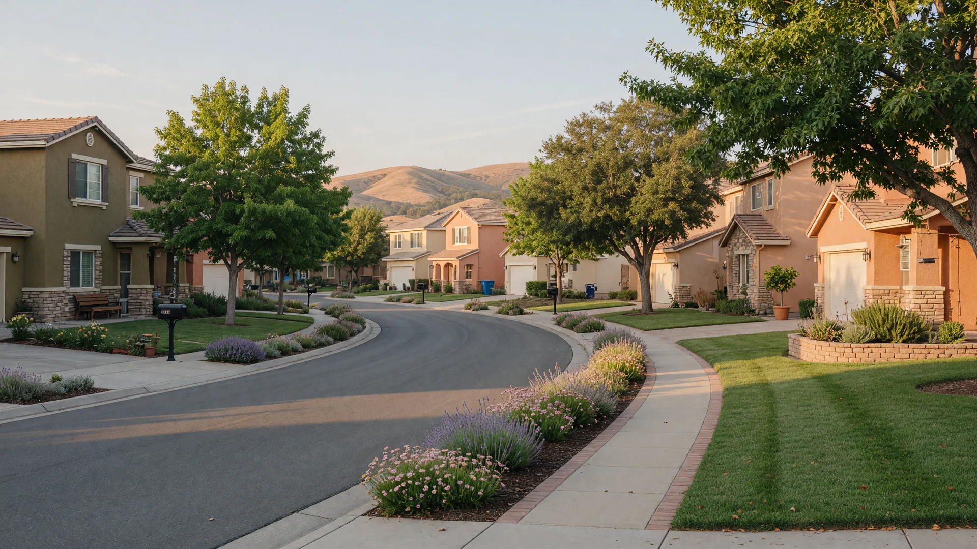 A peaceful Northern California 55+ community street in soft golden morning light, with single-story homes and a landscaped walking path.