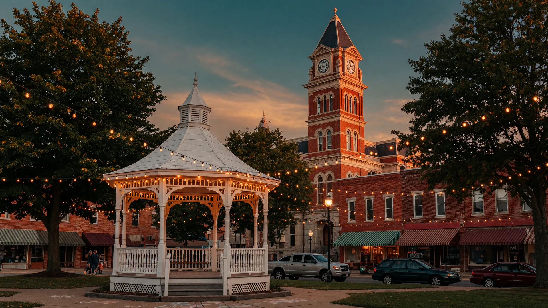 The historic Medina Ohio square with its gazebo glowing at dusk