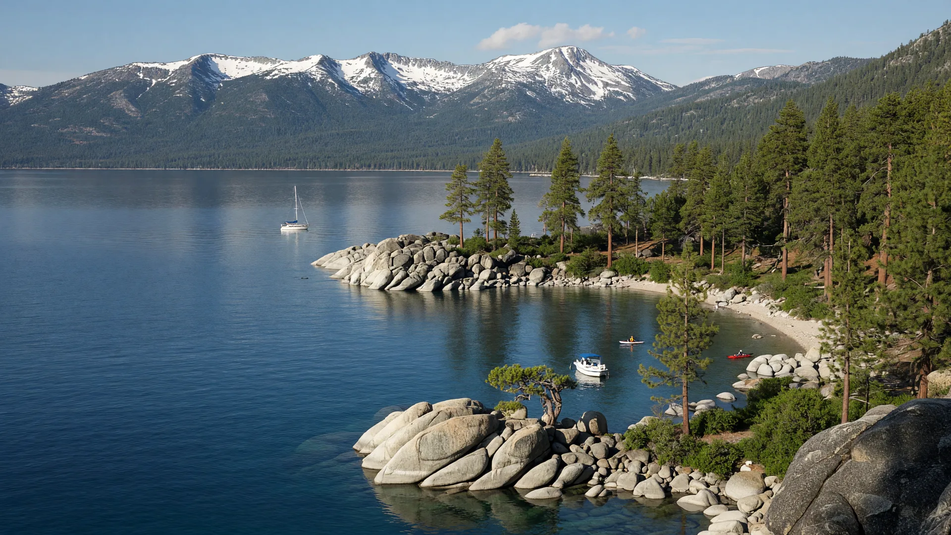 The deep blue water of Lake Tahoe’s Nevada shoreline meeting granite boulders and pines on a clear summer morning.