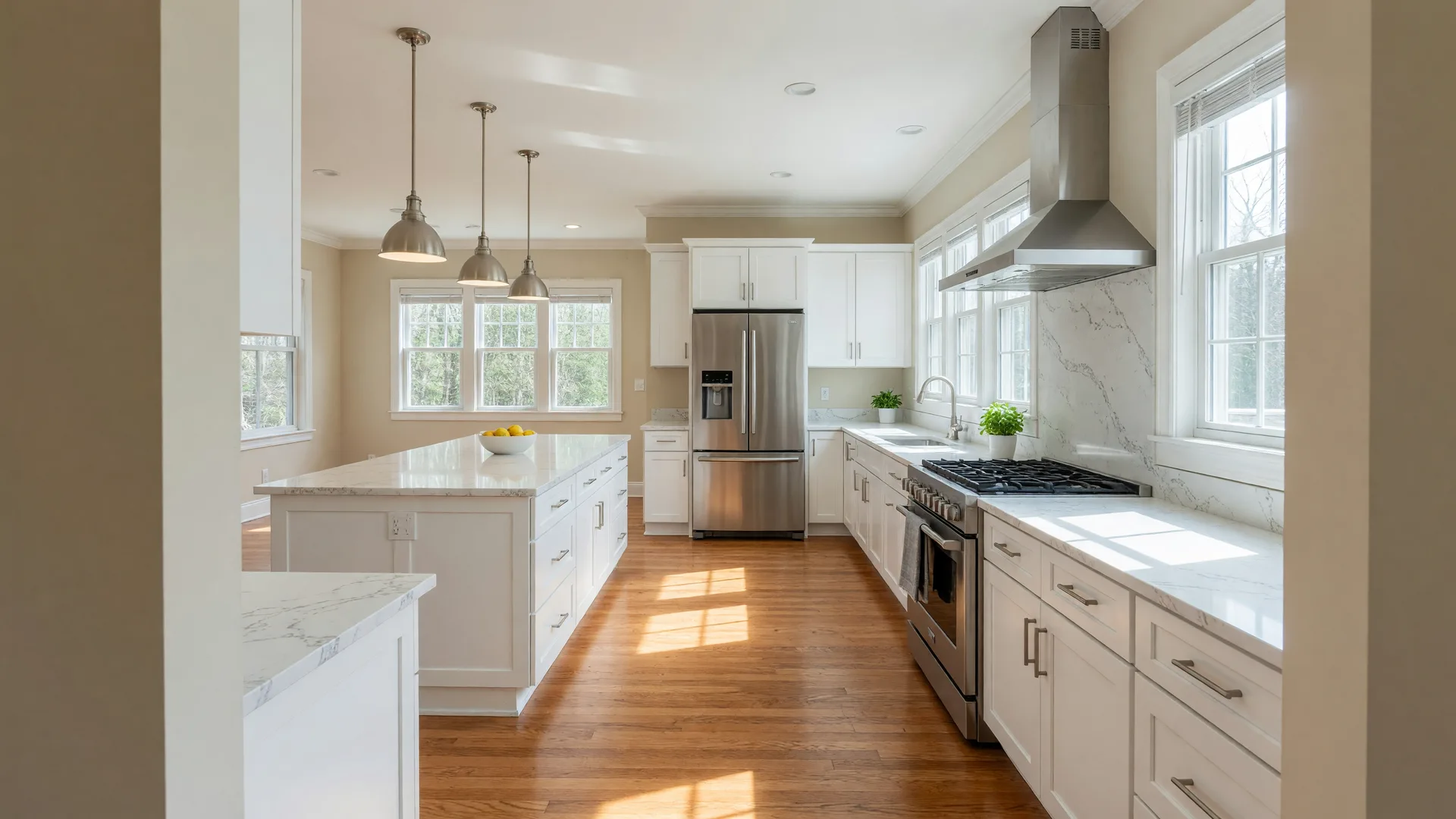 Modern renovated kitchen with white cabinets, quartz countertops, and stainless steel appliances