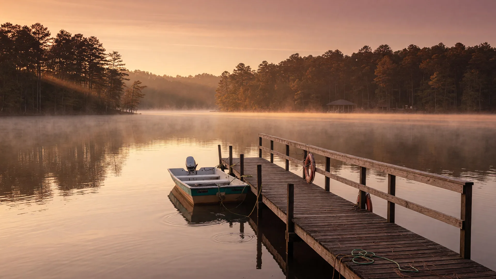 A wooden dock reaching into a calm Northeast Georgia lake at golden hour, with a small boat tied at the end