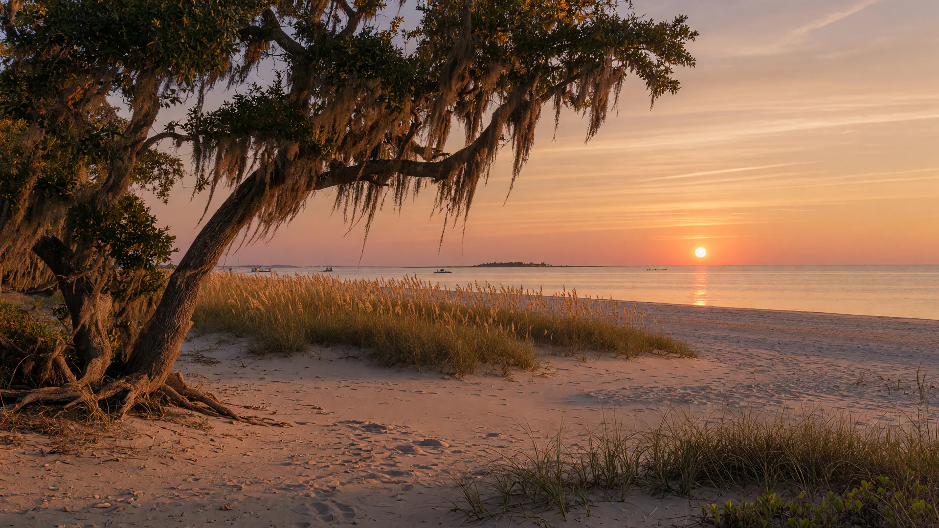 A live oak draped in Spanish moss leaning over a Gulf Coast beach at golden hour, with sea oats and sand dunes in the foreground and the low autumn sun over the Mississippi Sound