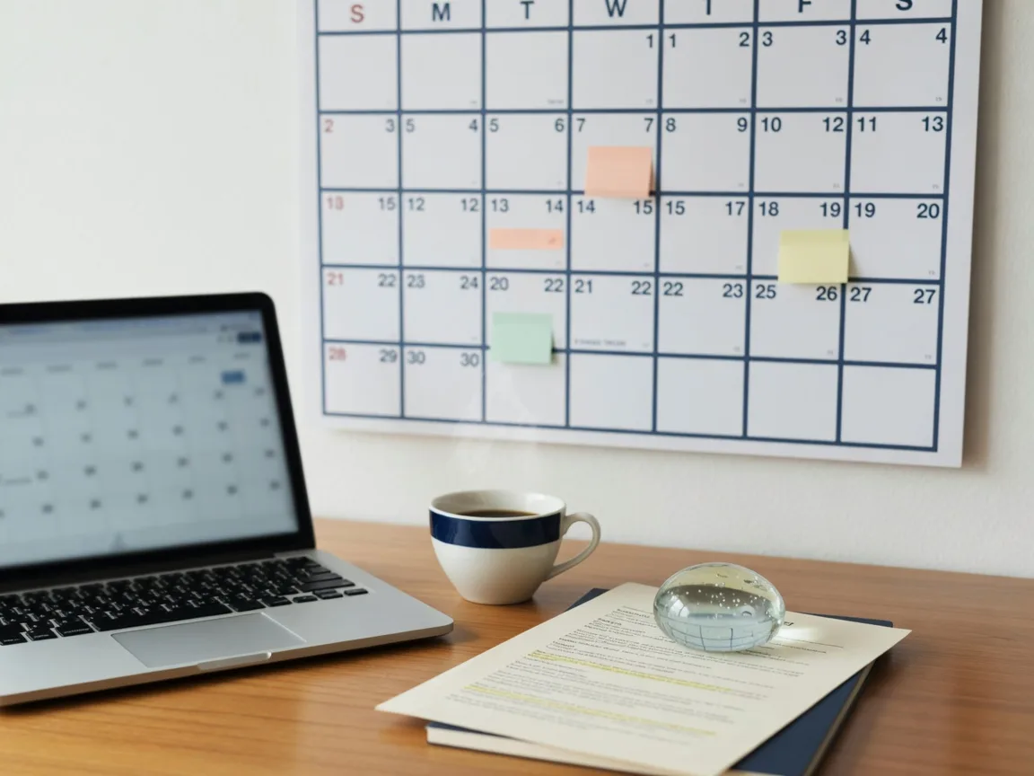 Calm desk with a wall calendar and a notice under a paperweight, tracking a short-sale timeline.