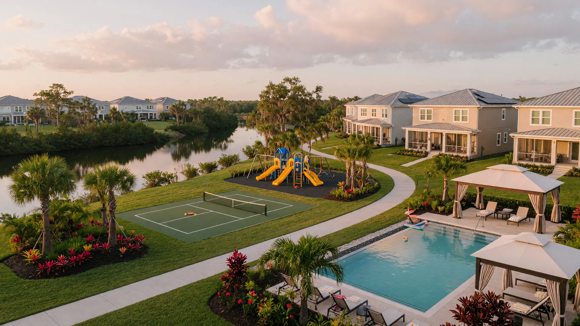 An East Orlando master-planned community in late-afternoon light: modern homes along a tree-lined waterway with a resort-style pool and cabana in the foreground.