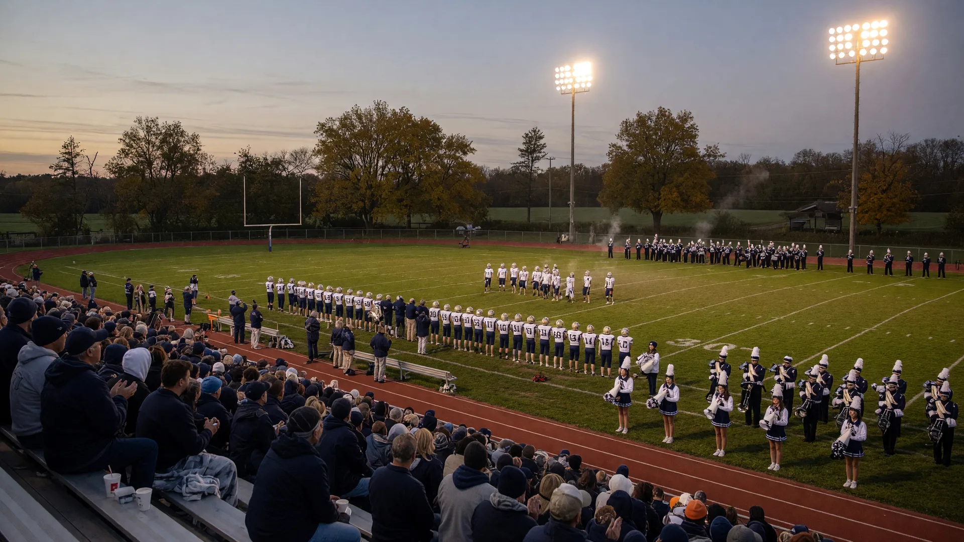 A rural Clinton County Ohio high school football rivalry game under stadium lights on a cool September evening with packed bleachers, the marching band, cheerleaders, and fans in the stands