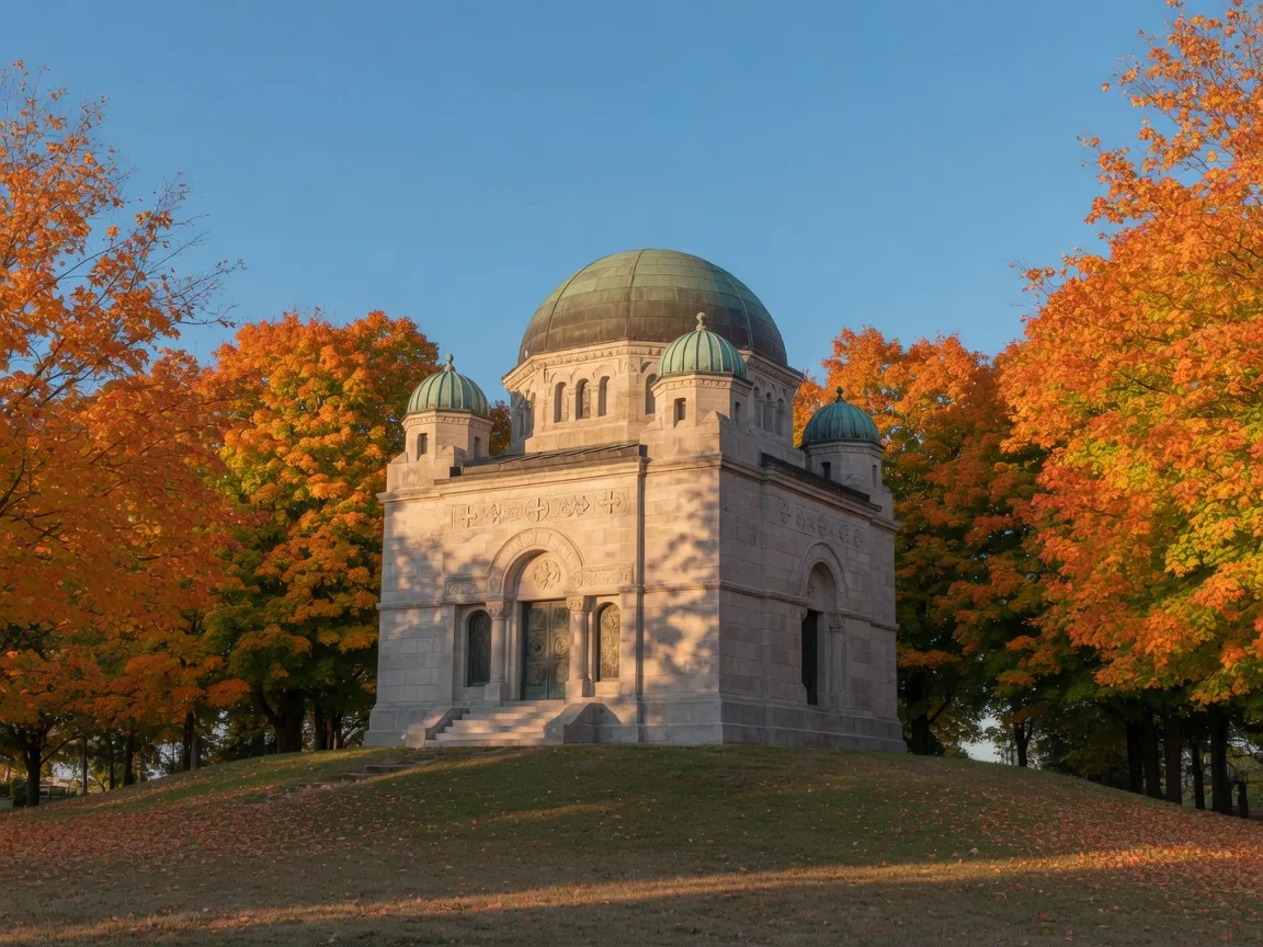 The Thomas Foster Memorial just north of Uxbridge, Ontario on a clear late October afternoon, a Byzantine-style stone mausoleum with a copper triple dome set alone on a grassy hilltop among sugar maples in orange and gold, known as the Jewel on the Hill