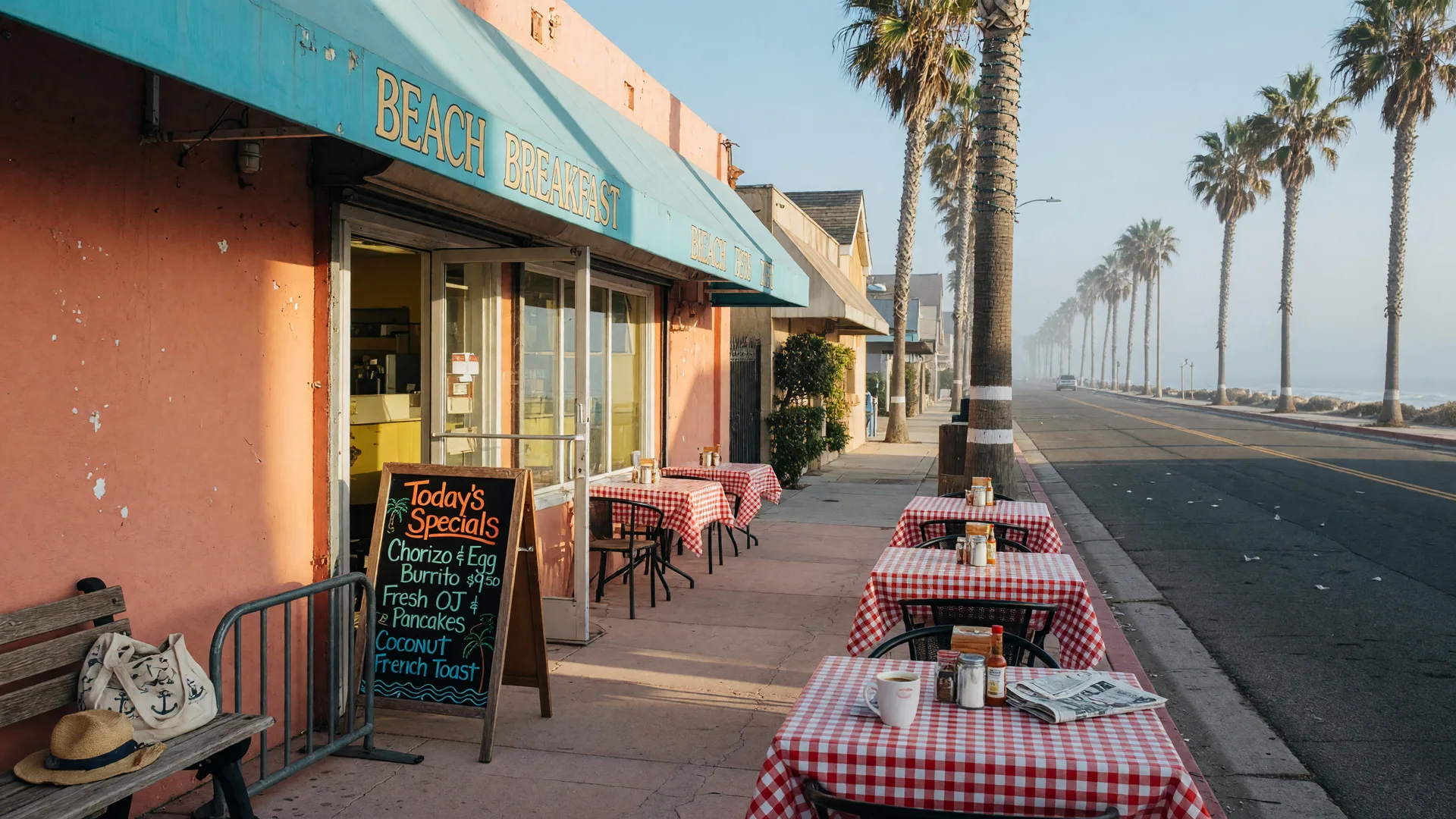 A sunny beach-town breakfast cafe storefront on a palm-lined Imperial Beach street with a chalkboard specials sign and outdoor tables