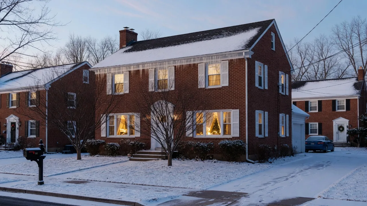 Brick colonial home in a Cherry Hill neighborhood on a snowy winter morning with a clean row of icicles along the roofline and warm light in the windows