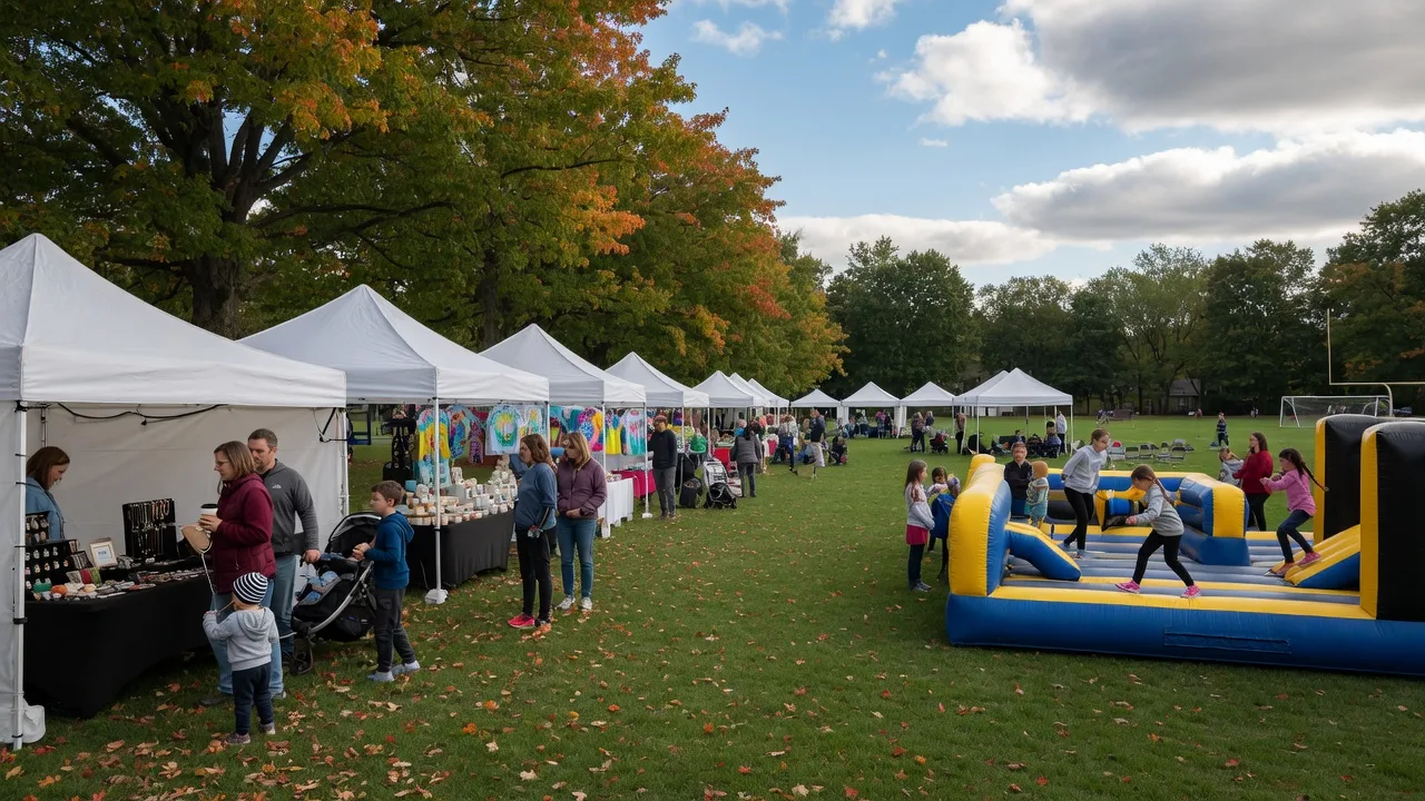 Early-September community festival in a Westlake, Ohio park with white vendor and activity tents along a tree-lined lawn, families at craft booths, children near an inflatable obstacle course, and the first hints of autumn color