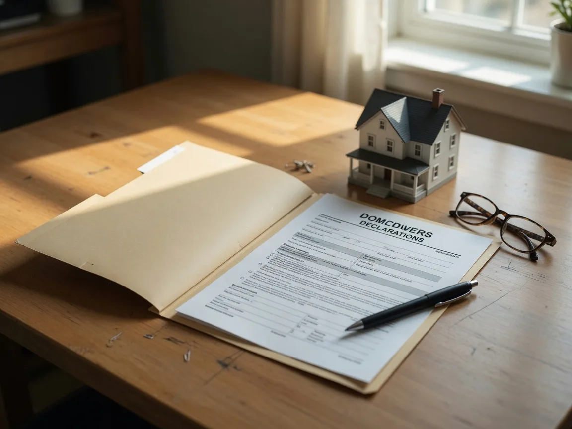 A homeowners insurance declarations page and policy folder on a desk beside a small house model, pen, and reading glasses