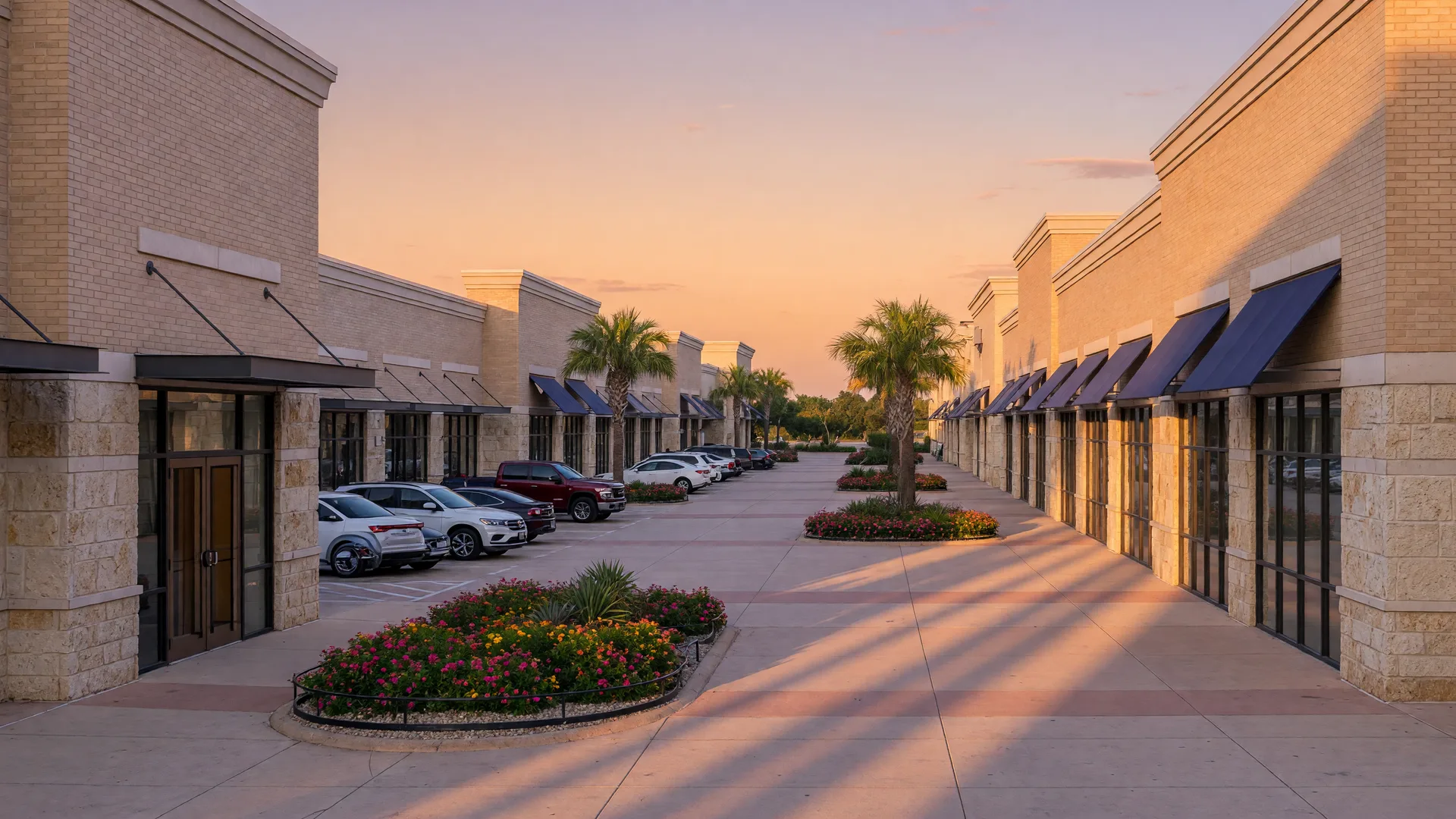 The exterior of a large modern outlet mall plaza in warm evening light