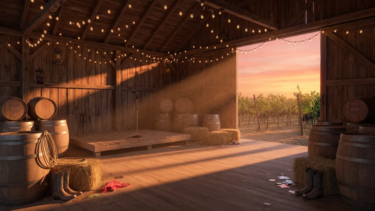 A country dance party setup inside a ranch winery barn at golden hour, strings of warm bulbs above a small wooden stage, hay bales and barrels, and an open barn door framing a sunset vineyard