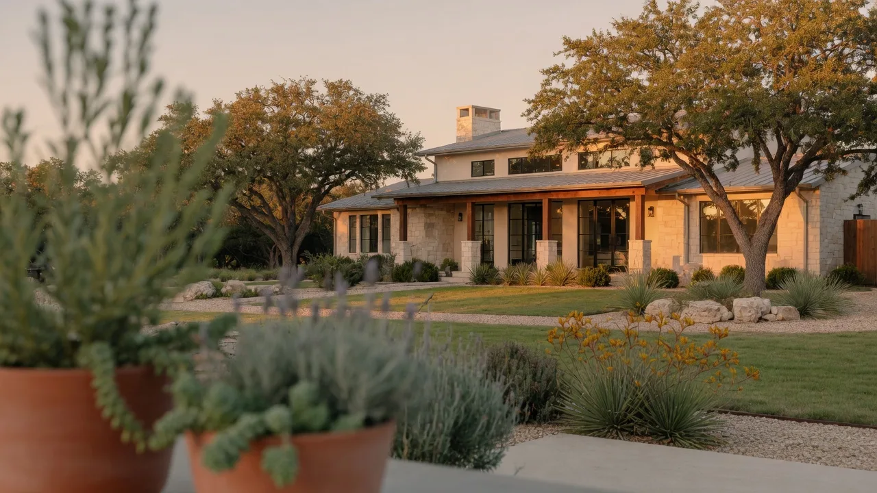 Texas Hill Country home with stone and stucco exterior at golden hour representing the lifestyle comparison between California and Texas