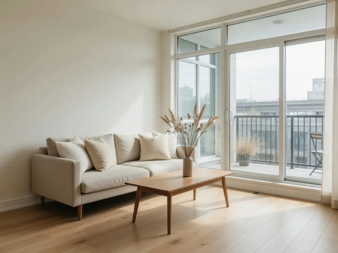 A bright condominium living room with white oak floors and daylight