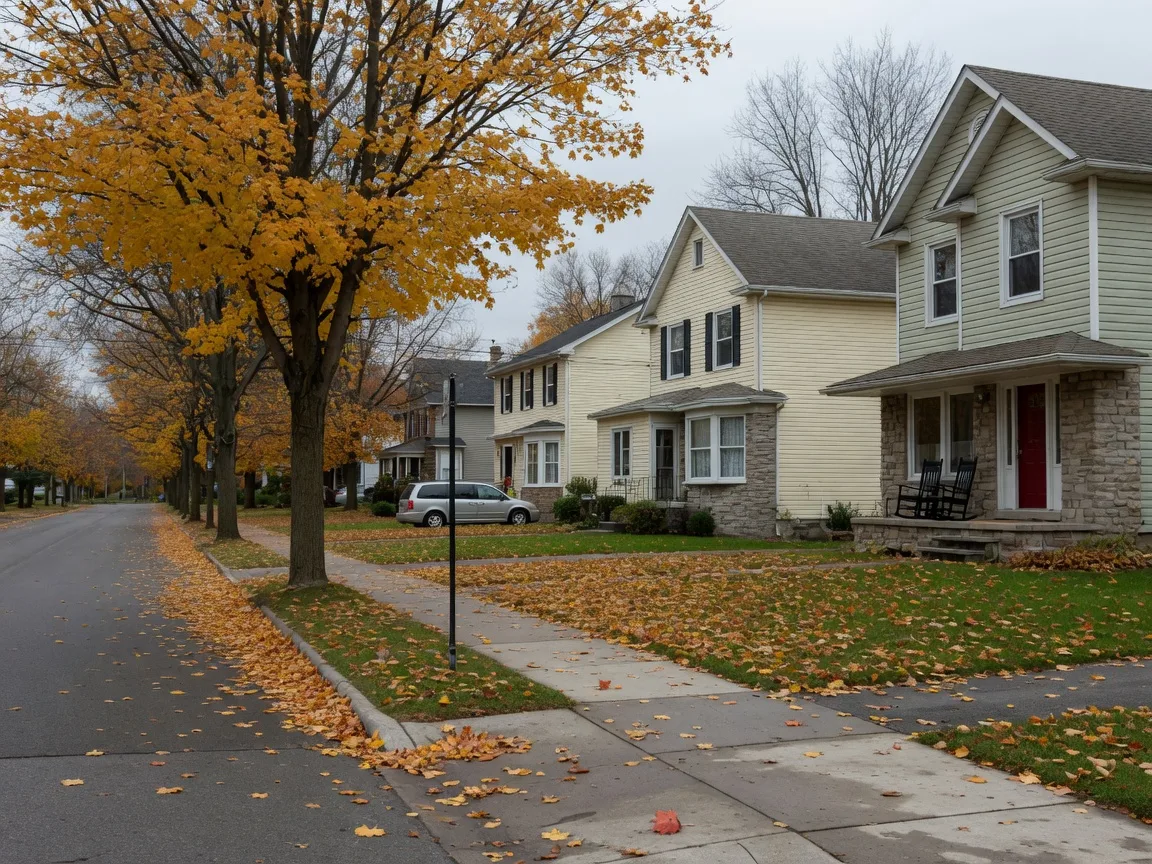 A quiet residential street in Port Perry in late autumn, with two-storey family homes behind front lawns and maple trees shedding golden leaves onto the sidewalk