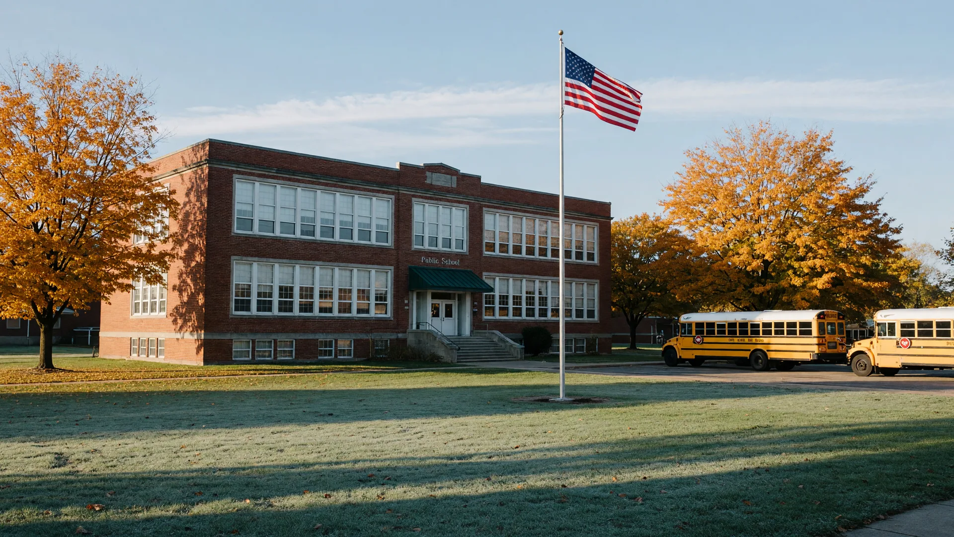 A classic red-brick Ohio elementary school on a crisp late-September morning with golden autumn trees and yellow school buses