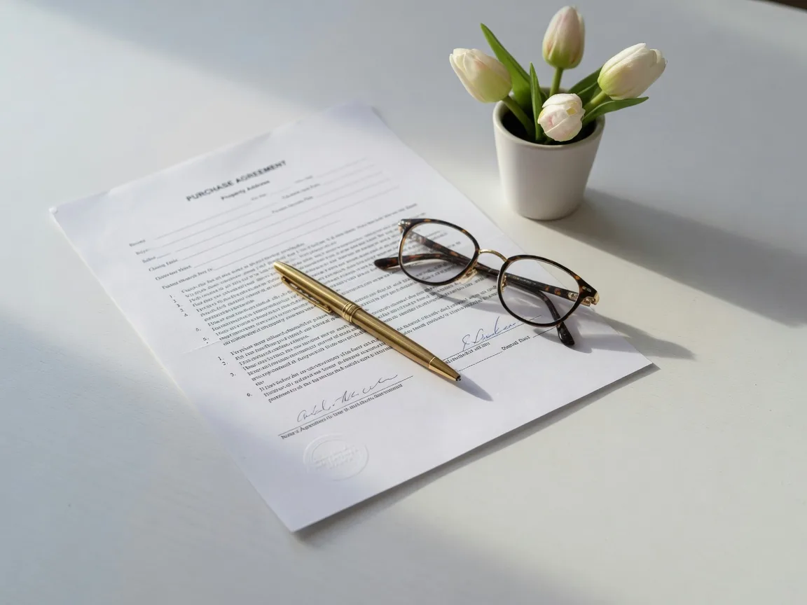 A purchase agreement on a white desk with a brass pen and reading glasses