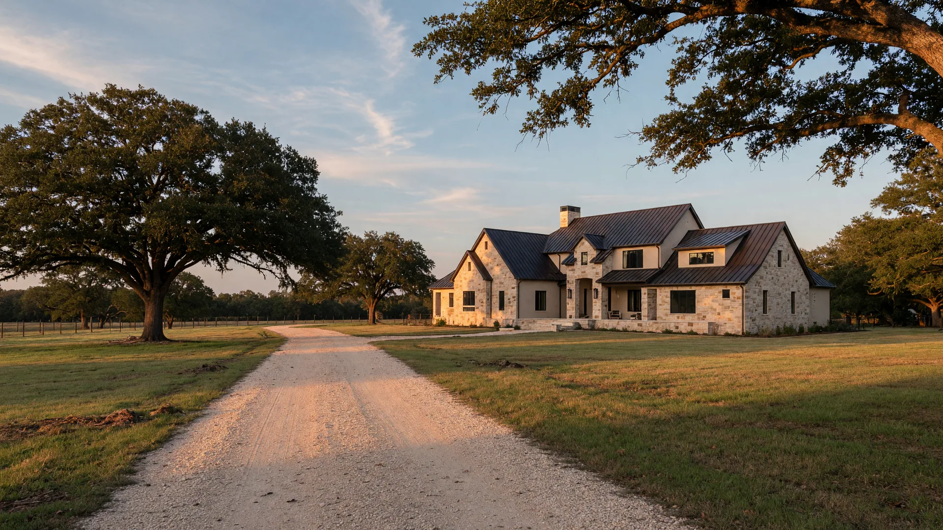 A newly completed custom estate home on a large wooded two-acre lot in the Bartonville, Texas countryside