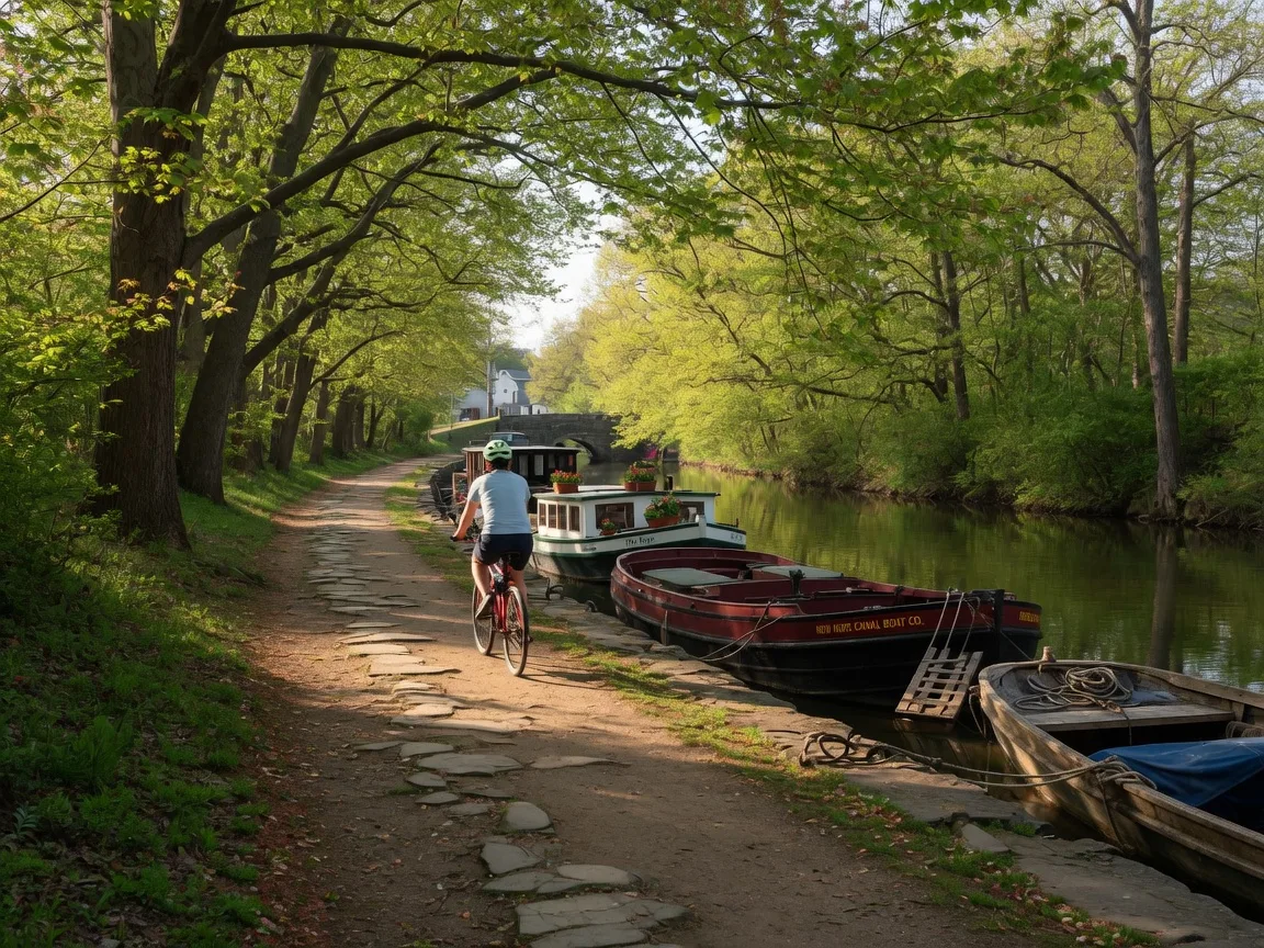 Delaware Canal Towpath near New Hope with canal boats