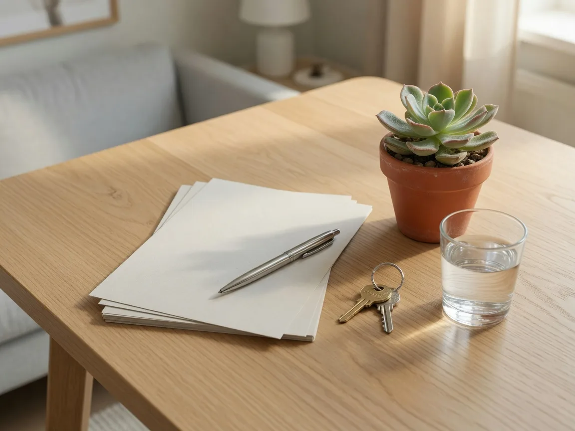 A light oak table set for a real estate transaction with a neat stack of blank forms, a pen, house keys, and a small potted plant in soft window light