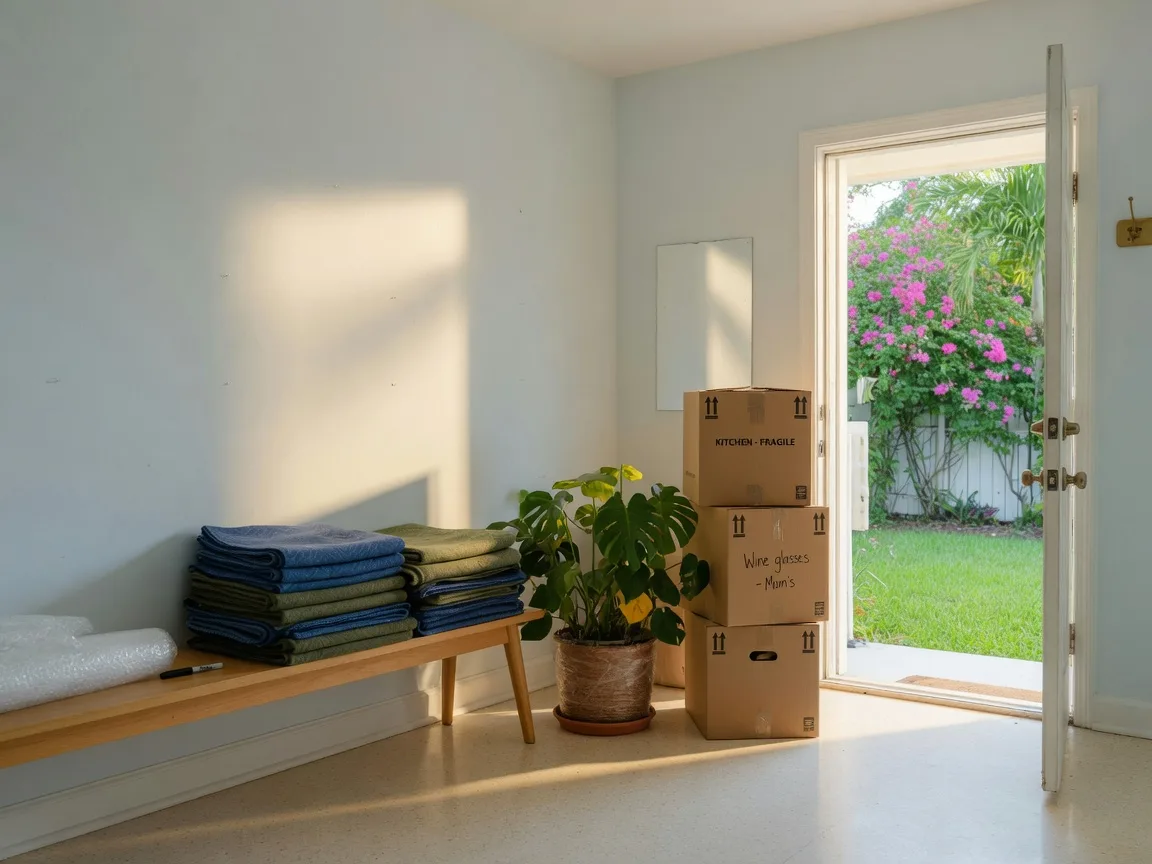 A bright Florida entry hall with moving boxes and a potted plant beside an open door to a sunlit garden