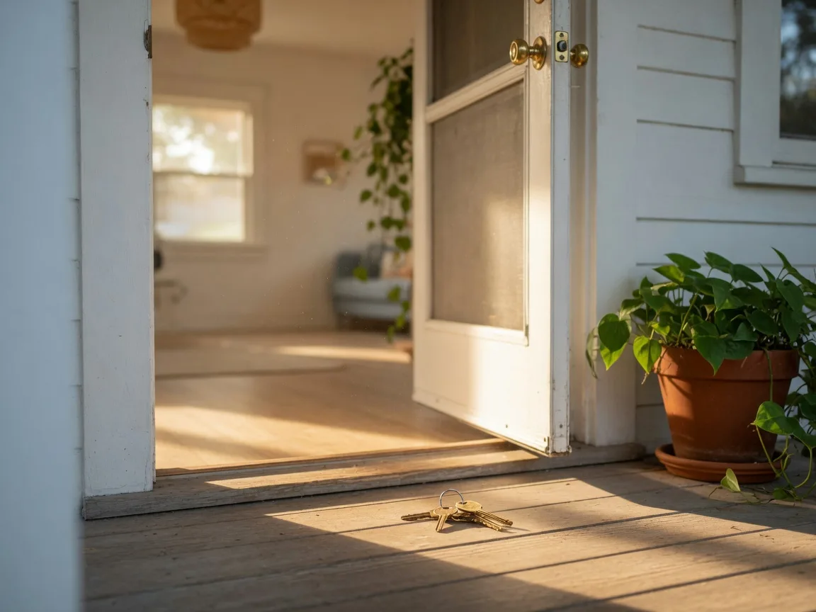 An open front door of a bright modern home with keys on the doorstep in warm afternoon light