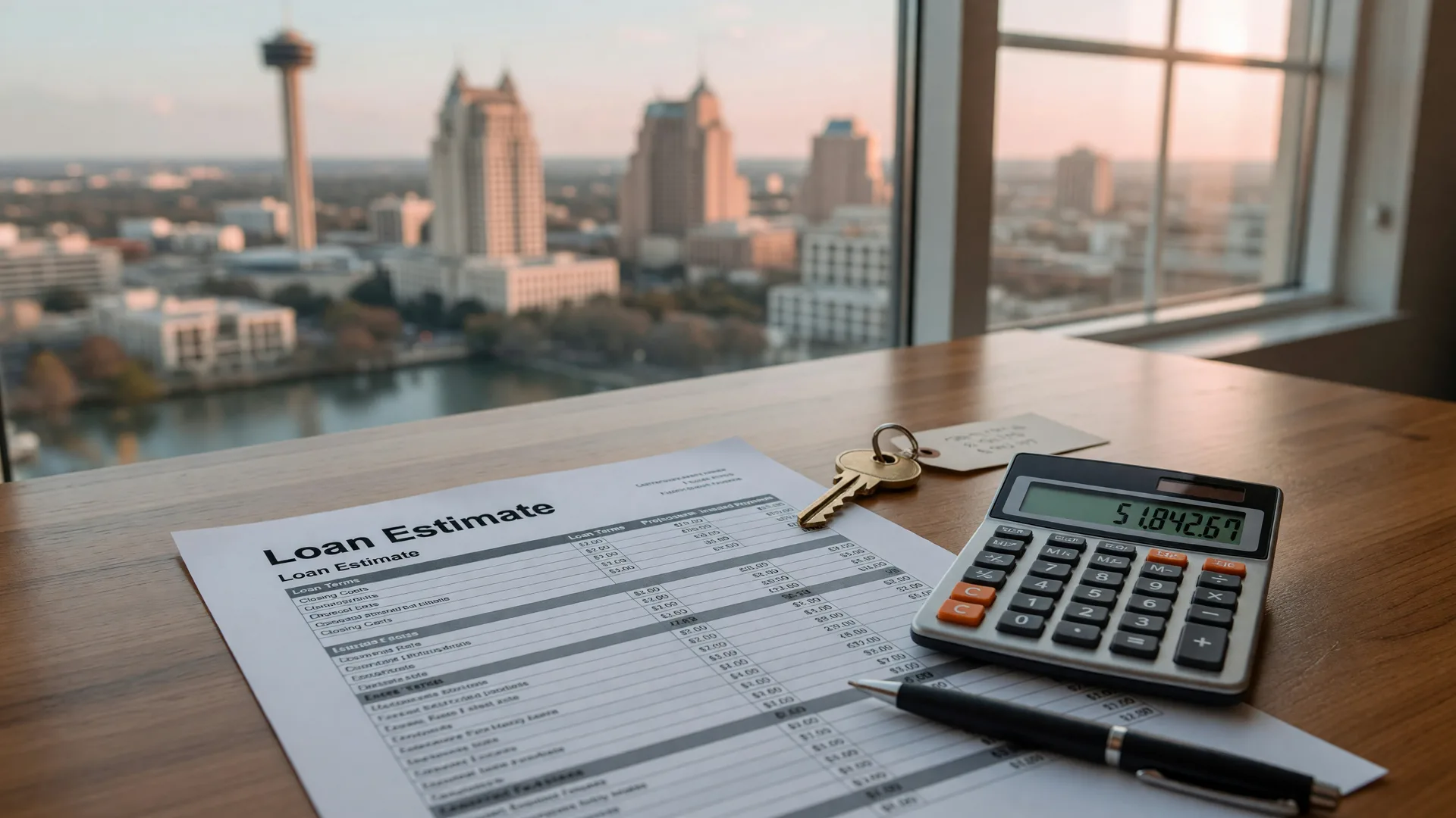 Loan Estimate document and financial calculator on a wooden desk with a brass house key