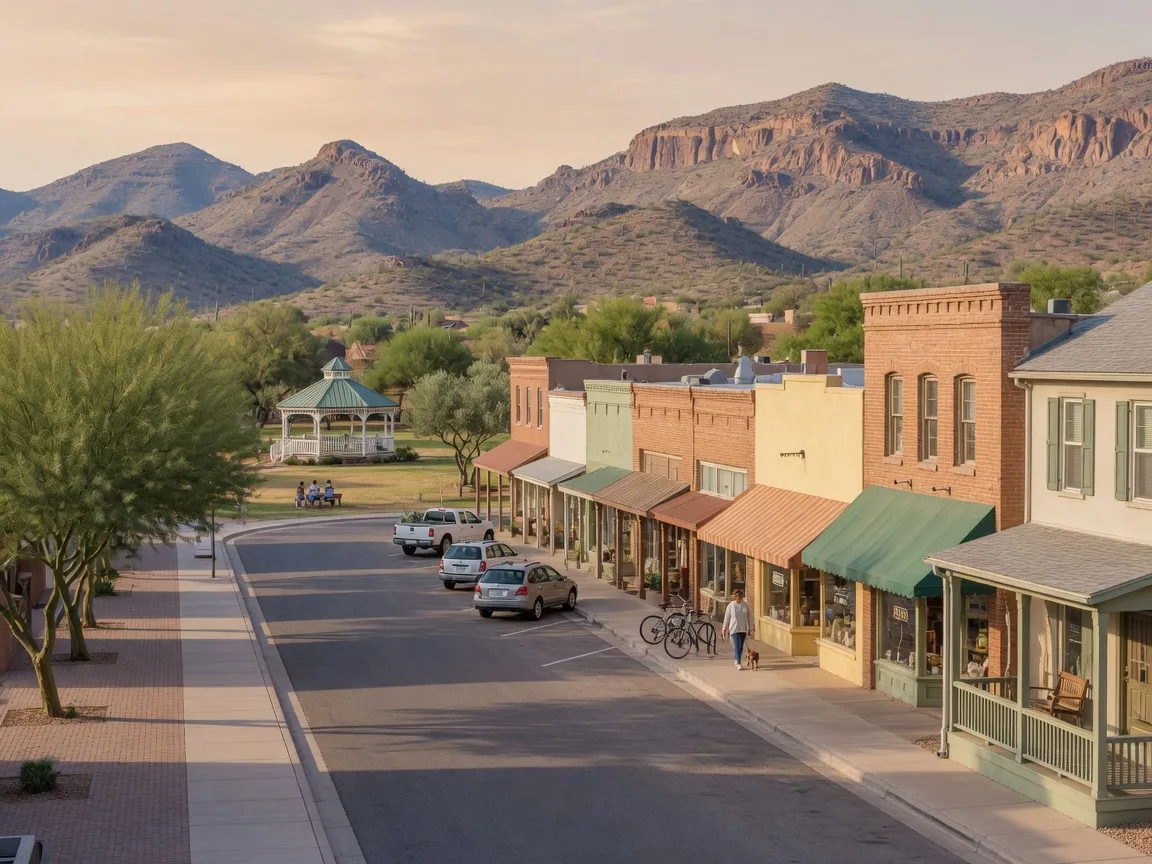 Verrado Main Street in Buckeye with tree-lined sidewalks, porch-front homes, and the White Tank Mountains behind
