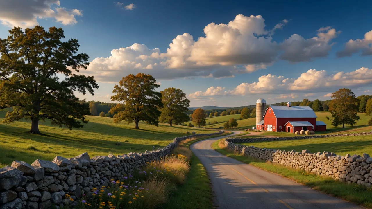 Scenic rural landscape of Burlington, Connecticut with rolling hills and a red barn