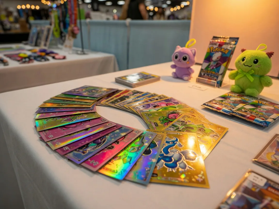 Colorful foil trading cards fanned out on a white vendor table with booster packs and small plush collectibles nearby
