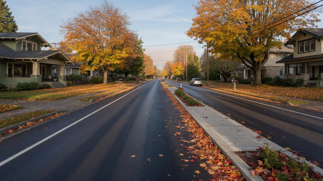 Quiet tree-lined arterial road in the Pacific Northwest on a crisp October morning with fresh asphalt and autumn leaves