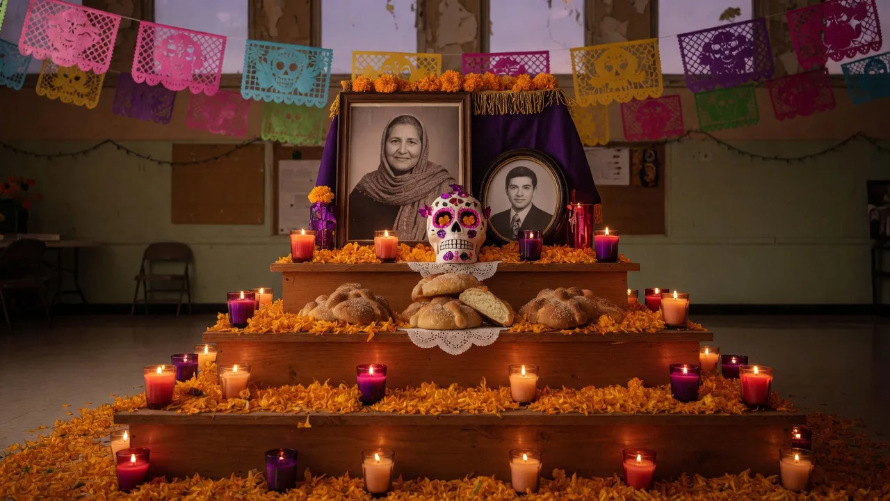 A Día de los Muertos ofrenda altar with marigold petals, framed photos, candles, and papel picado banners