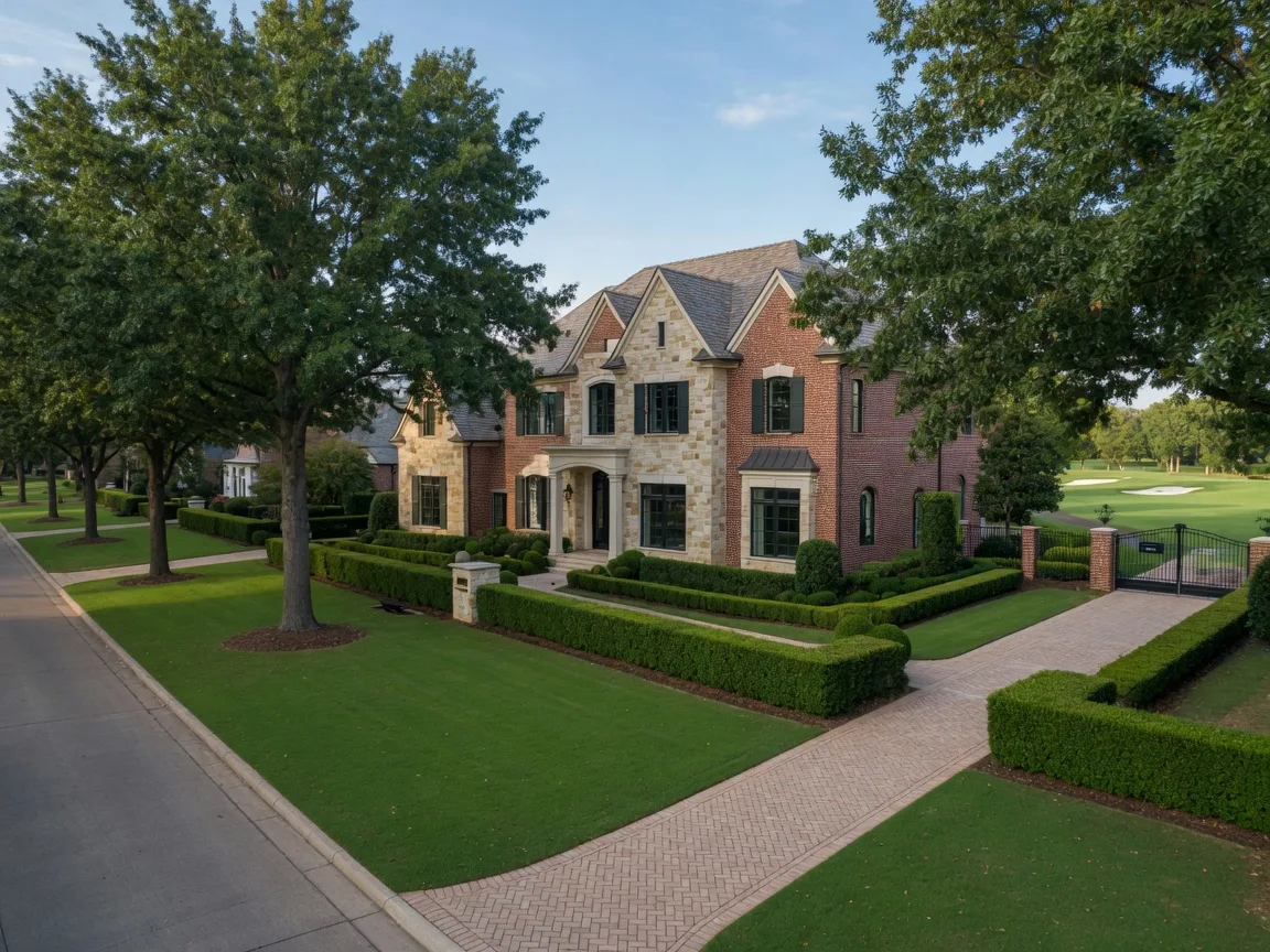 An upscale stone and brick estate home in a gated golf course community with a manicured lawn and mature oaks