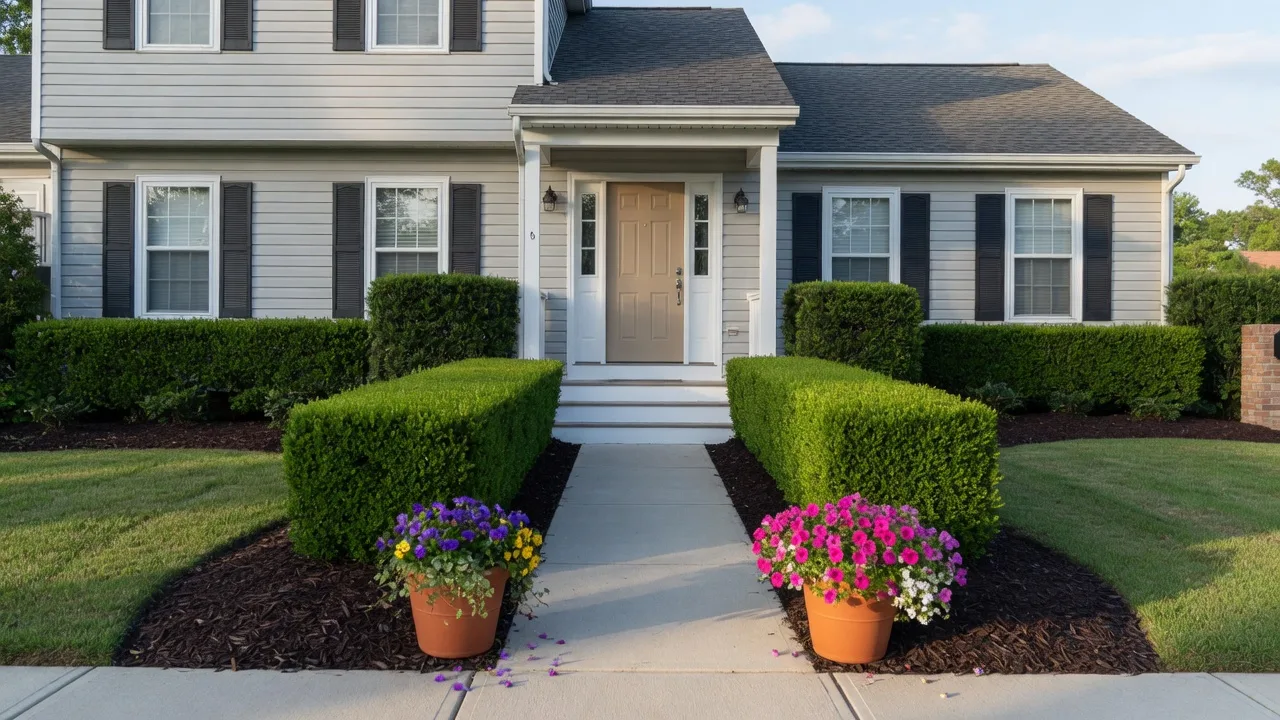 A move-in ready home exterior with a freshly painted front door, trimmed hedges, fresh mulch, and potted flowers on the walkway