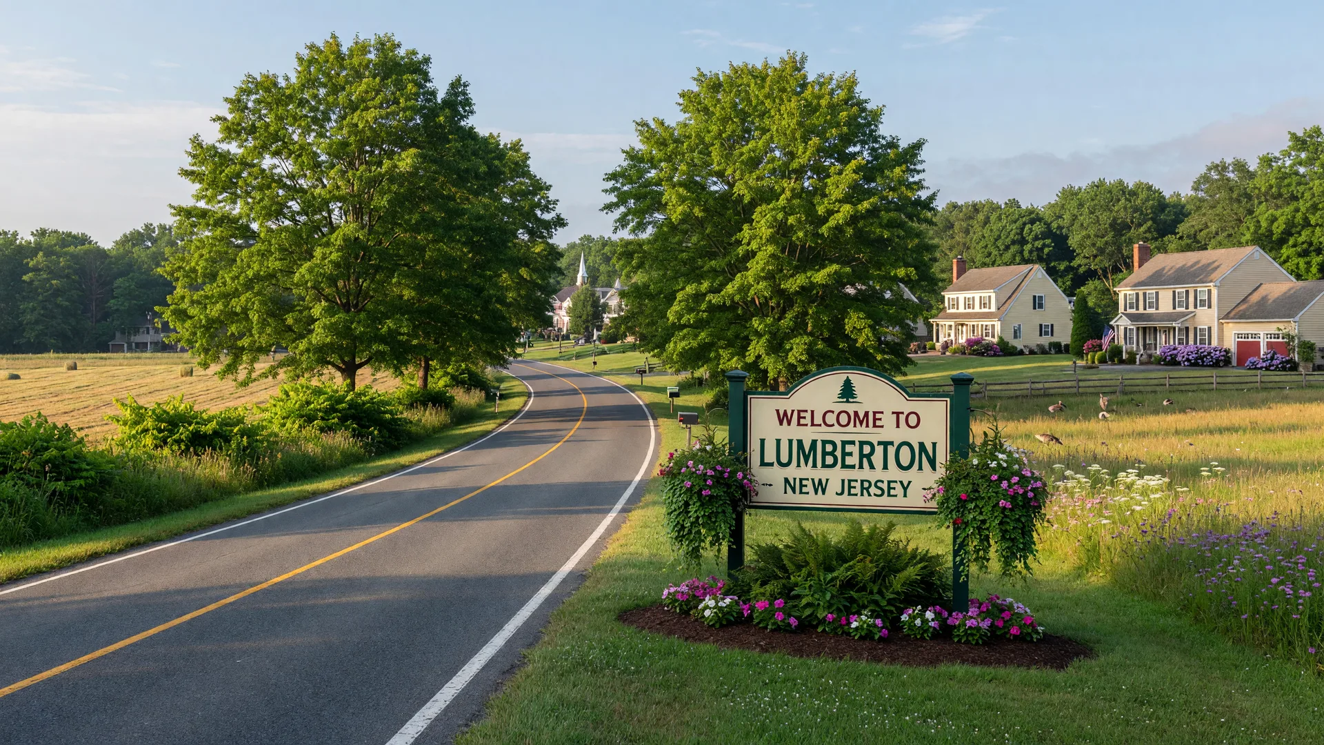 Scenic entrance to Lumberton New Jersey with a welcoming town sign surrounded by trees and a country road on a bright summer morning