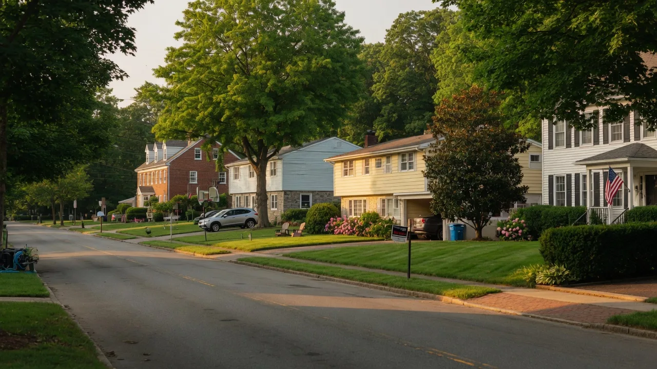 Residential street in Bergen County, New Jersey, with mature shade trees and well-maintained homes on a summer afternoon.
