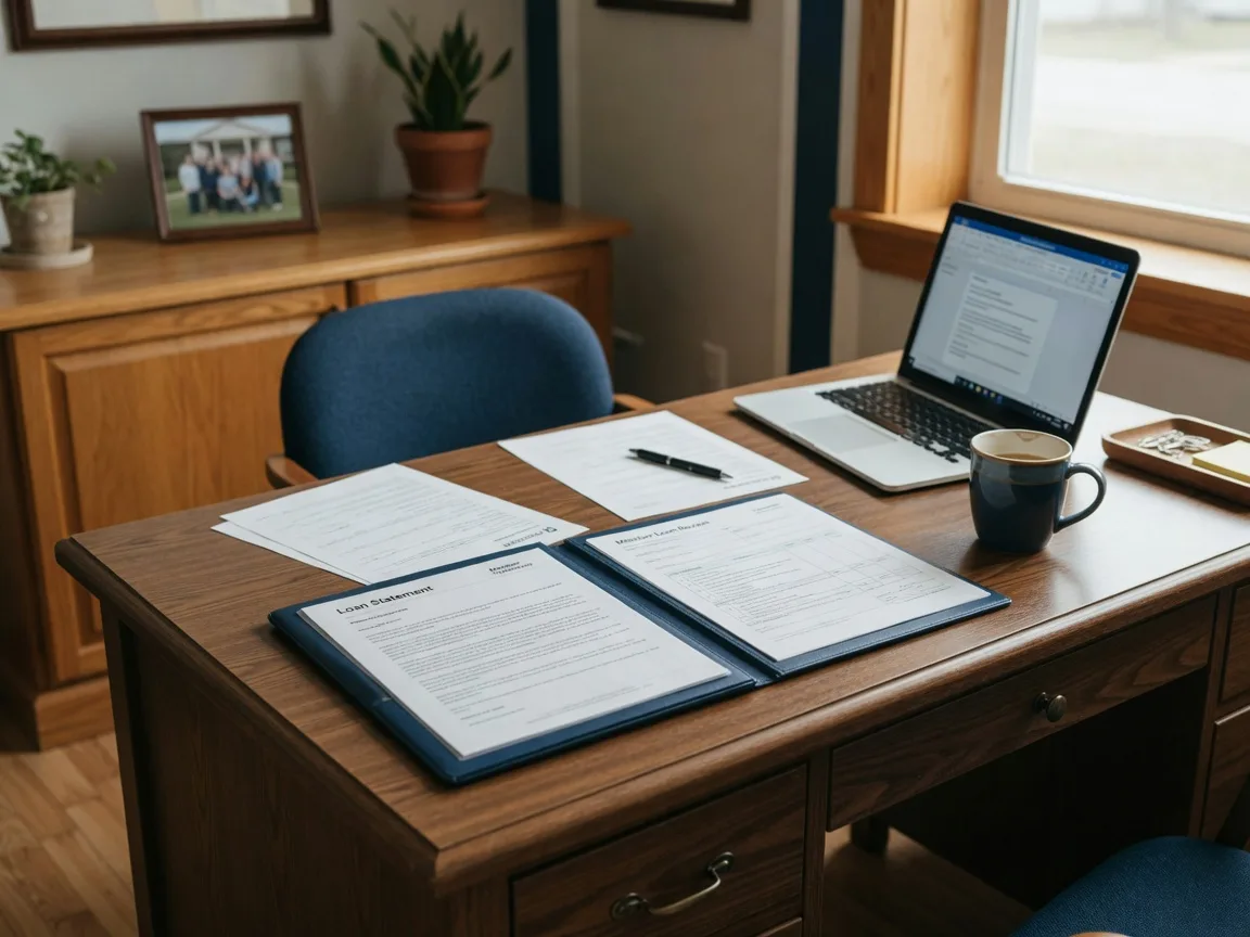 Warm community bank office with a portfolio loan review on a wooden desk.