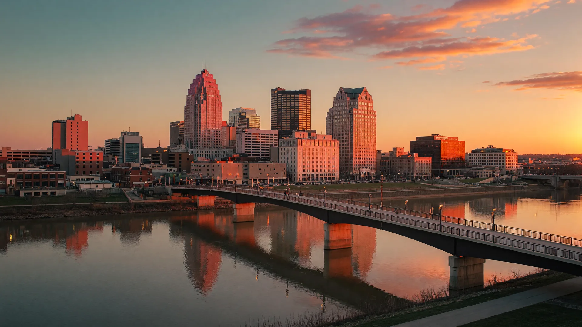 The Dayton Ohio skyline at golden hour across the Great Miami River with warm sunset colors reflecting on the water