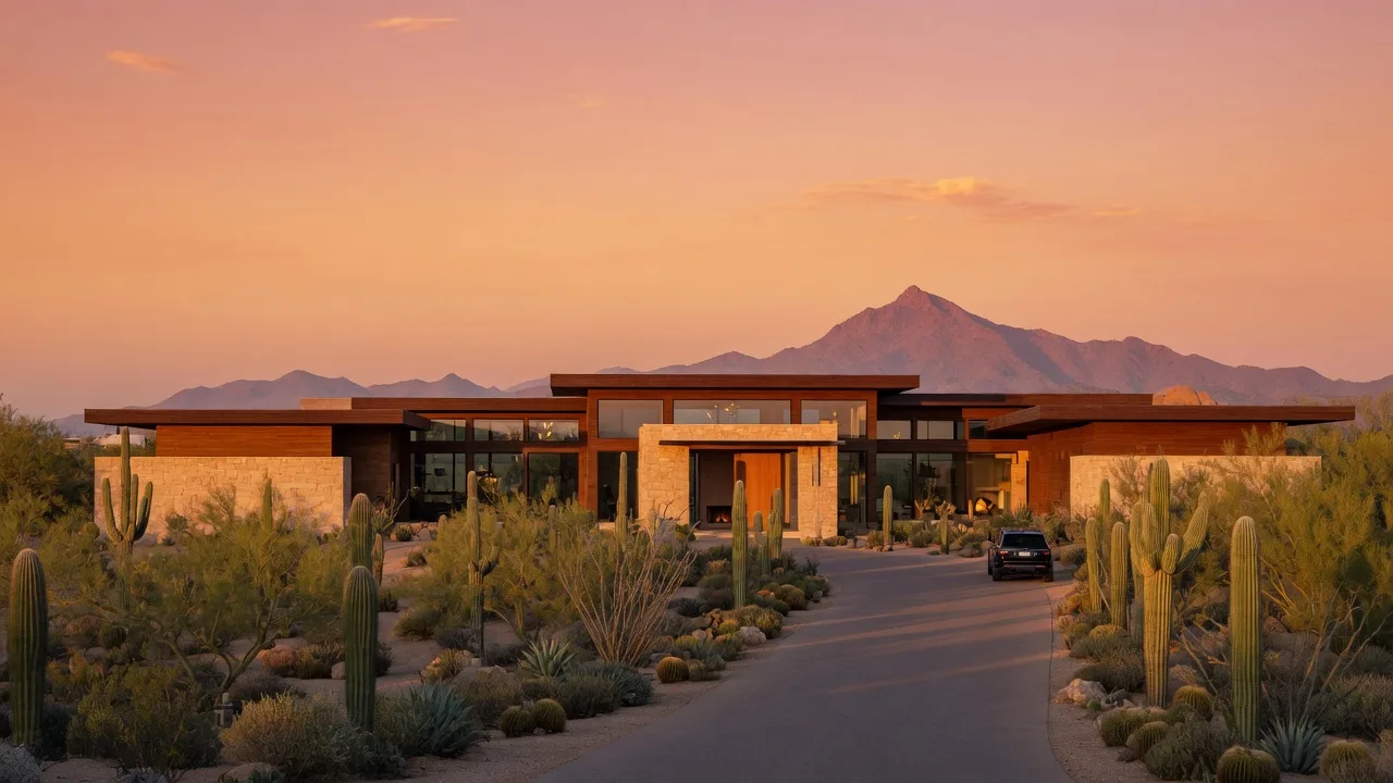 A modern desert-contemporary luxury home in Scottsdale at golden hour, with floor-to-ceiling glass, saguaro-lined desert landscaping, and Camelback Mountain on the horizon