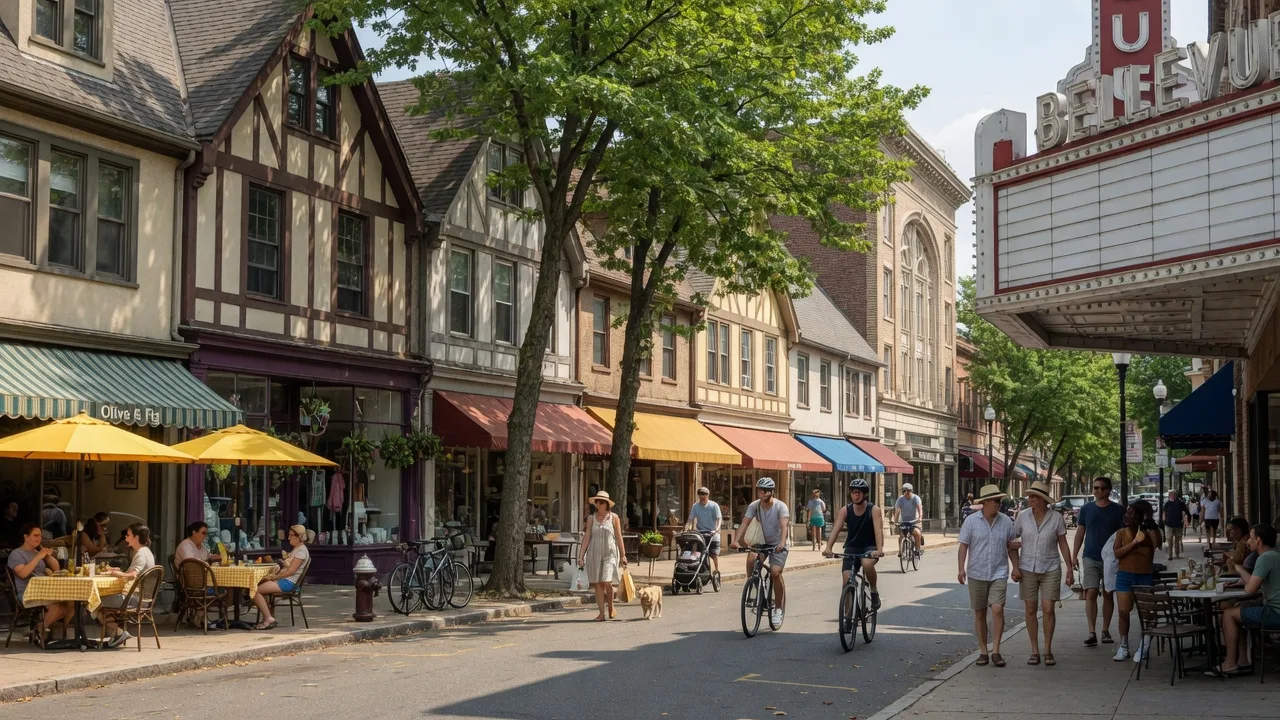 Church Street in downtown Montclair NJ with sidewalk dining, boutique storefronts, pedestrians, and the historic Bellevue Theatre marquee on a warm summer afternoon