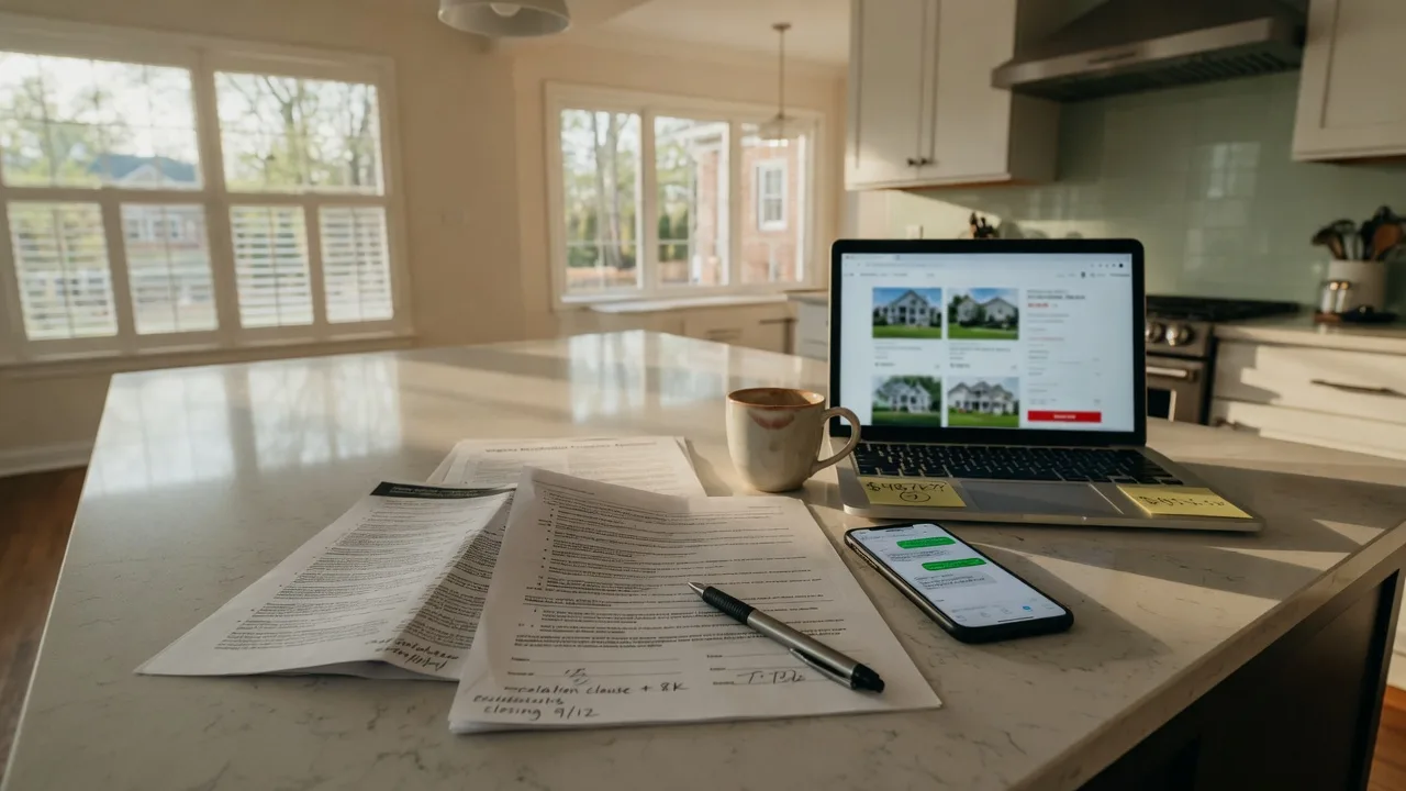 A real estate contract and pen on a kitchen island with a laptop, preparing a competitive offer