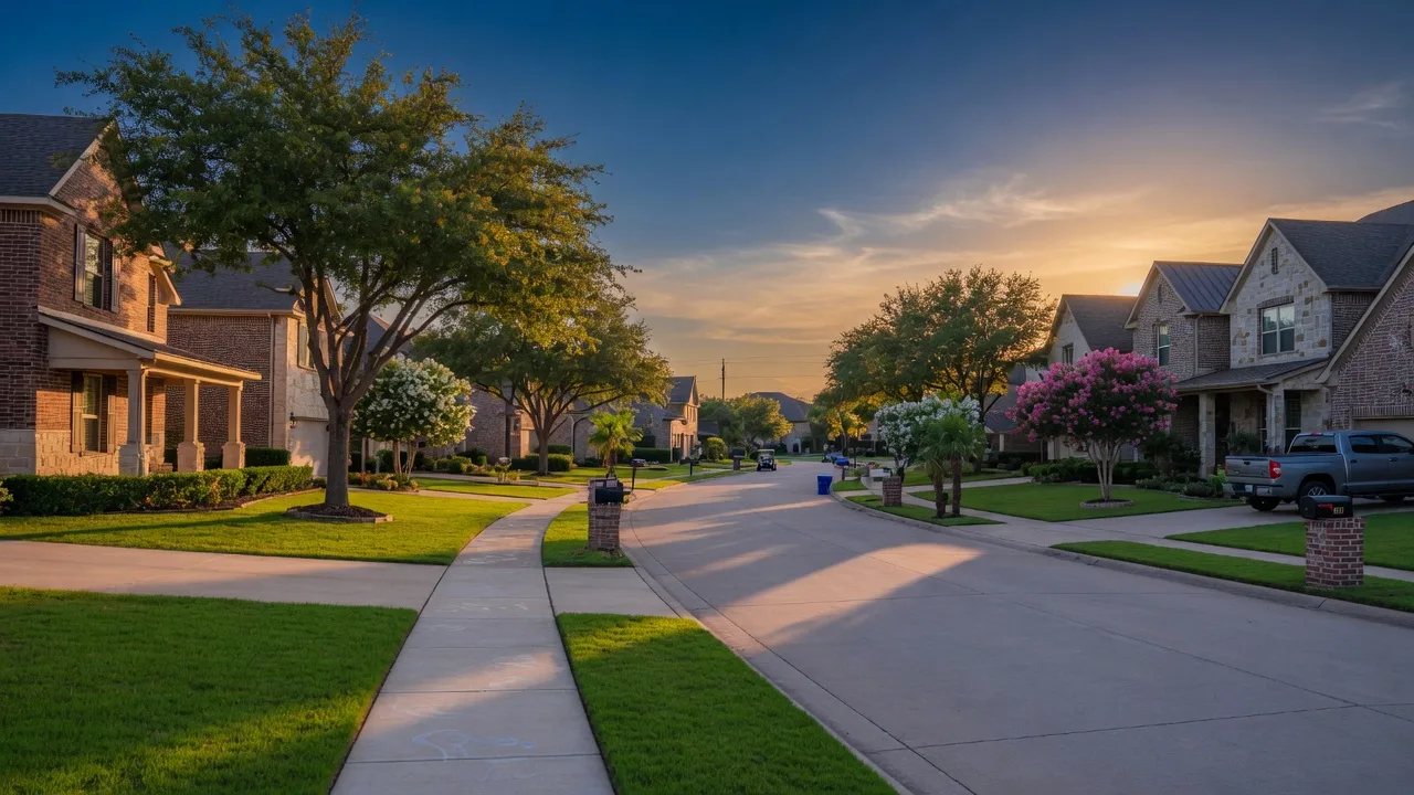Illustrative image of a tree-lined residential street in a Katy-area master-planned community
