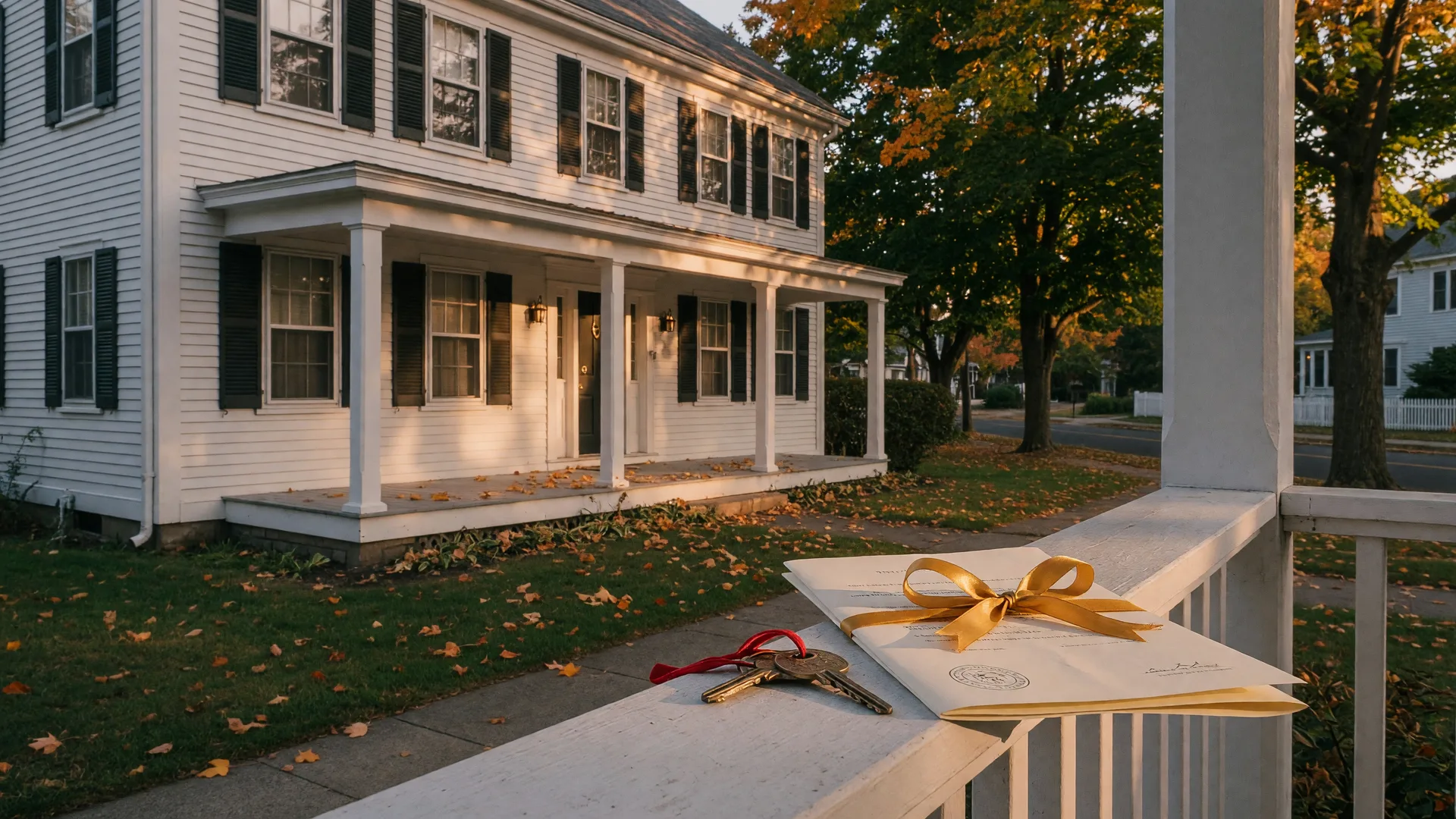 A classic white clapboard New England colonial home on a tree-lined New Haven street at golden hour, with a brass key and a ribbon-tied legal deed resting on the porch railing