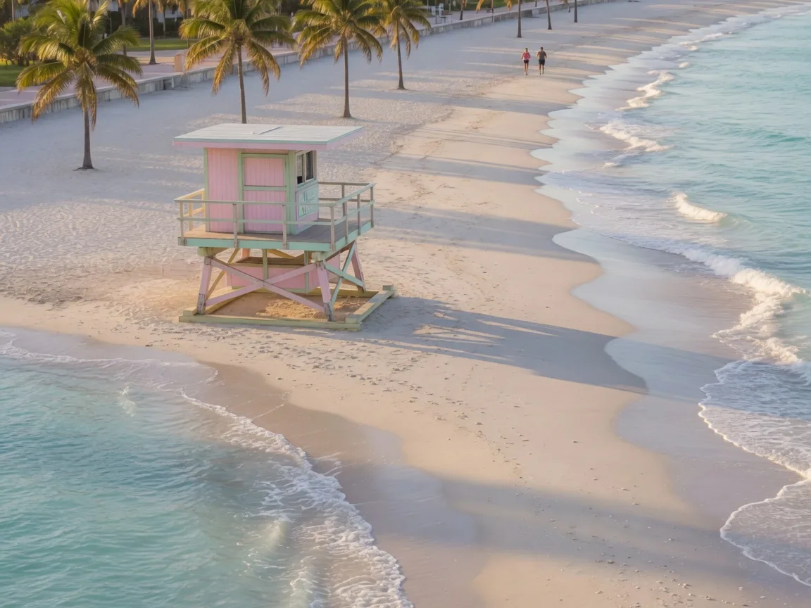 Pastel lifeguard stand on white sand at Miami Beach in early morning light