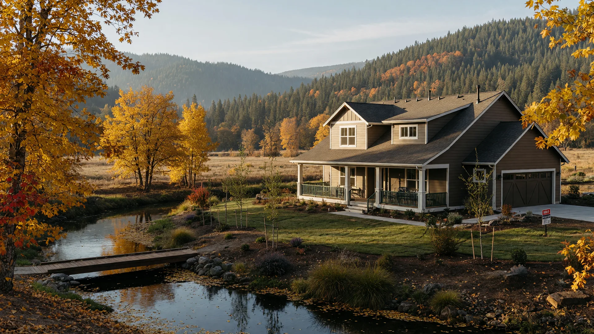 A new craftsman-style home with a covered front porch in the Fruitdale valley near Grants Pass, Oregon, with golden autumn trees along a creek and forested hills behind