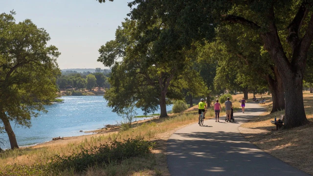 Paved bike trail along the American River Parkway in Sacramento with people biking and walking under oak trees